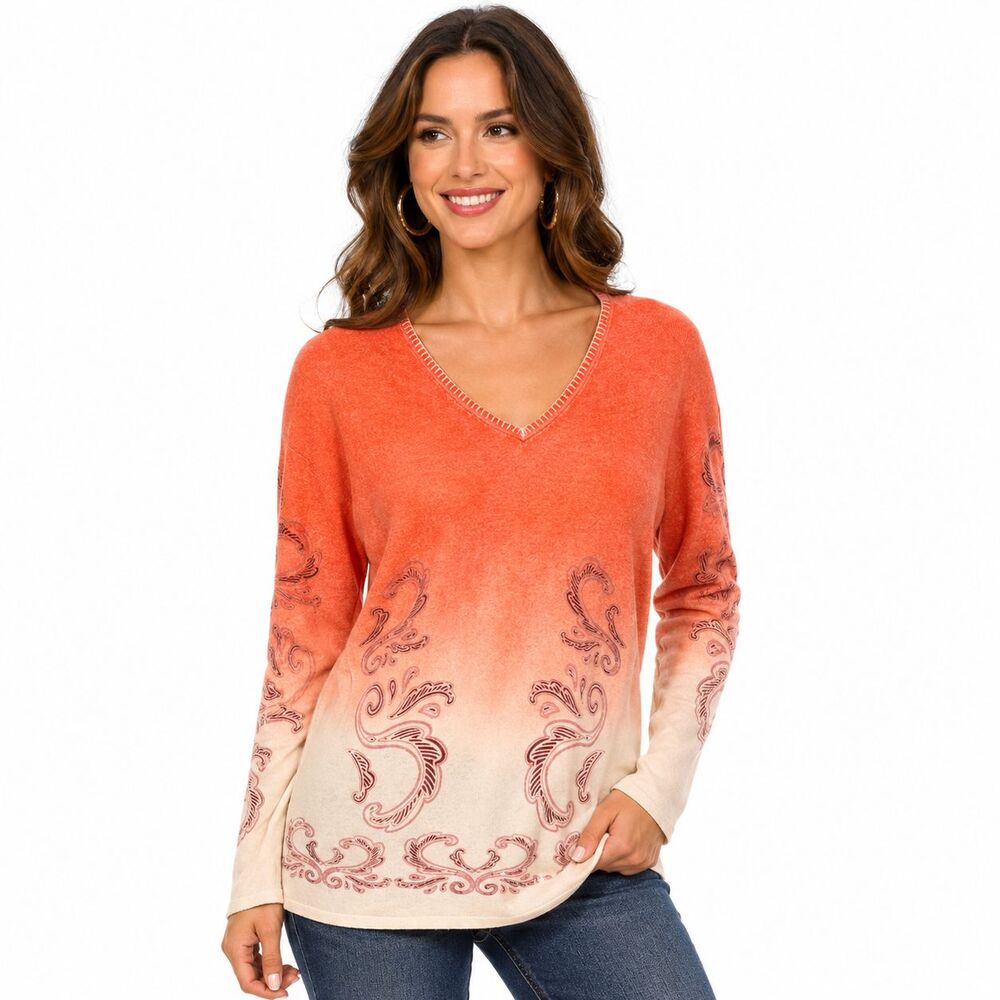 CO2 Womens L 100% Cashmere Sweater Coral Ombre Paisley V Neck Tunic Boho
